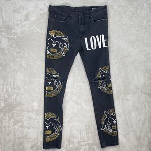 Love Apparel Jeans Men's 36 x 31 Distressed Skinny Ripped Gold Skull Grungecore